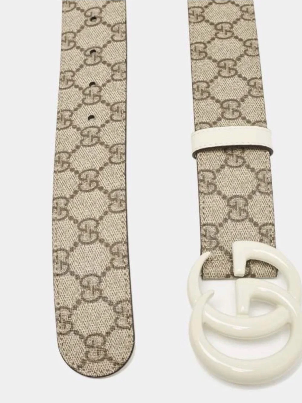 Gucci Beige GG Monogram Canvas Belt with White Double G Buckle